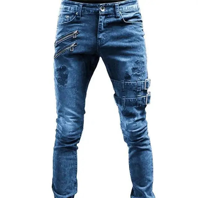 Men Jeans Denim Pencil Pants Mid Waist Moto Biker Washing Pockets Slim Slight Strech Sheath Ankle Length Zipper Fly 2024