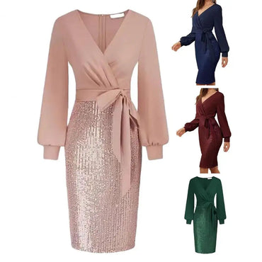 Women V-neck Dress Stunning Sequin Splicing Bodycon Dress Elegant V Neck Slim Fit Belted Waist for Evening Parties for Women