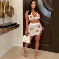 2023 New Crochet 2 Pieces Set Sexy Women Bra Top+ Mini Bodycon Skirts Summer Holidays Beachwear Cover-ups