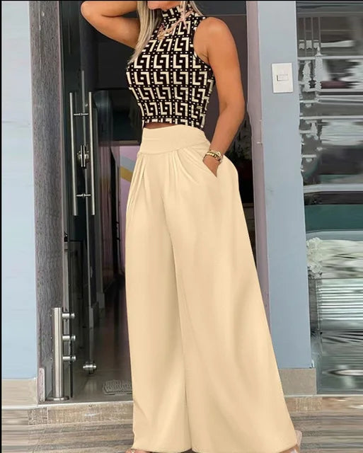 2026 Summer Fashion Printing Two Piece Set Women Casual Solid Sleeveless Tank Top Wide Leg Pants Two Piece Set Women