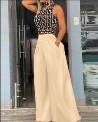 2026 Summer Fashion Printing Two Piece Set Women Casual Solid Sleeveless Tank Top Wide Leg Pants Two Piece Set Women