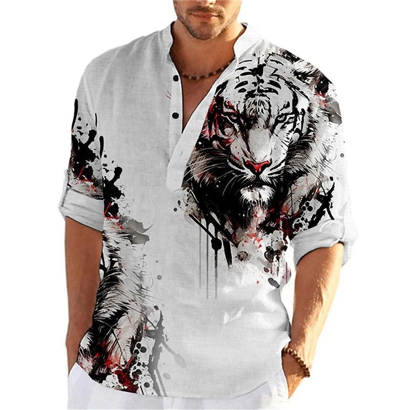 Men's 3D Button Shirt T-shirt Summer New Fashion Personalized Graffiti Standing Collar Casual Long sleeved Shirt Extra Large