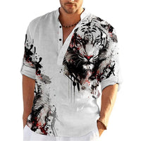 Men's 3D Button Shirt T-shirt Summer New Fashion Personalized Graffiti Standing Collar Casual Long sleeved Shirt Extra Large