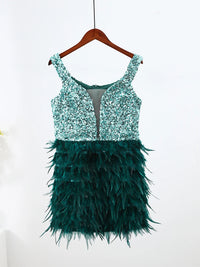 Sexy Sequins Feather Spliced Women Party Dresses 2022 Fall Sleeveless Backless Slash Neck Mini Dress Female Evening Club \