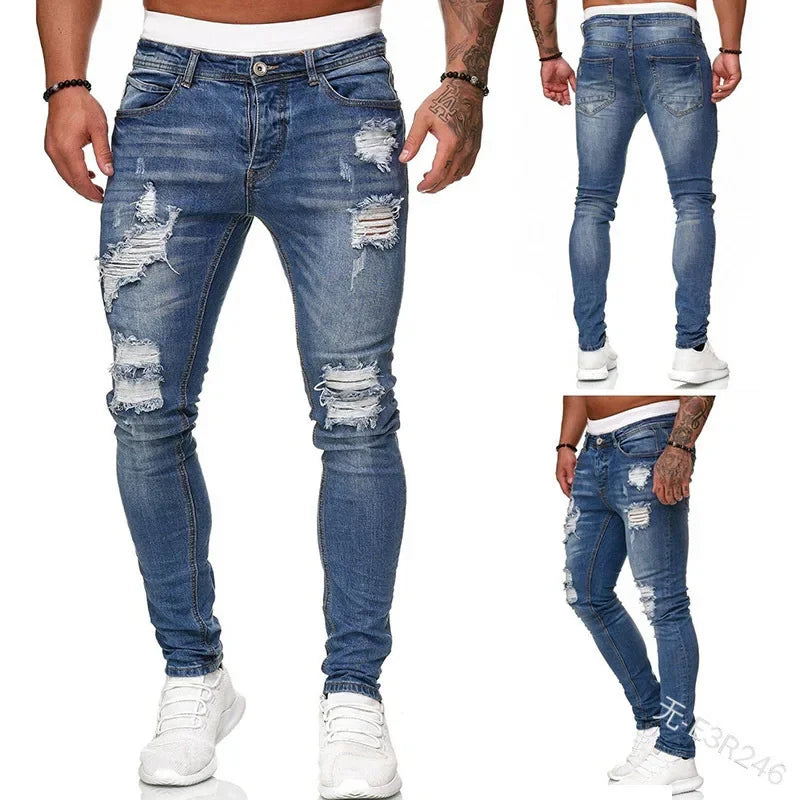 2023 White Embroidery Skinny Ripped Jeans Men Cotton Stretchy Slim Fit Hip Hop Denim Pants Casual Jeans for Men Jogging Trousers