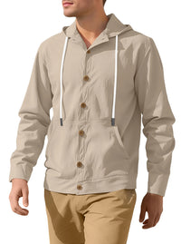 European and American Men's Button-up Shirt Loose Cotton Linen Casual Simple Beach Hooded Long-sleeved Jacket