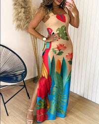 Boho Womens Summer Dress Retro Print Casual Slim Slit Square Neck Sleeveless Strappy Elegant  Tank Dresses For Women Robe