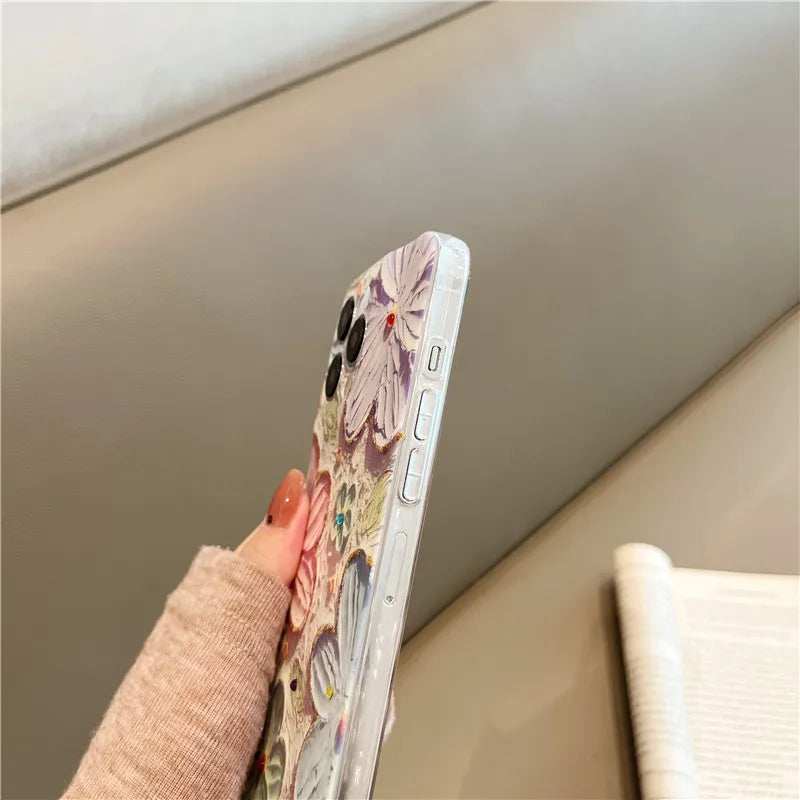 Fashion Flowers Glitter Laser Phone Case For iPhone 15 Pro Max 14 13 12 11 X XS XR 7 8 Plus SE 2020 Luxury Soft Shockproof Cover