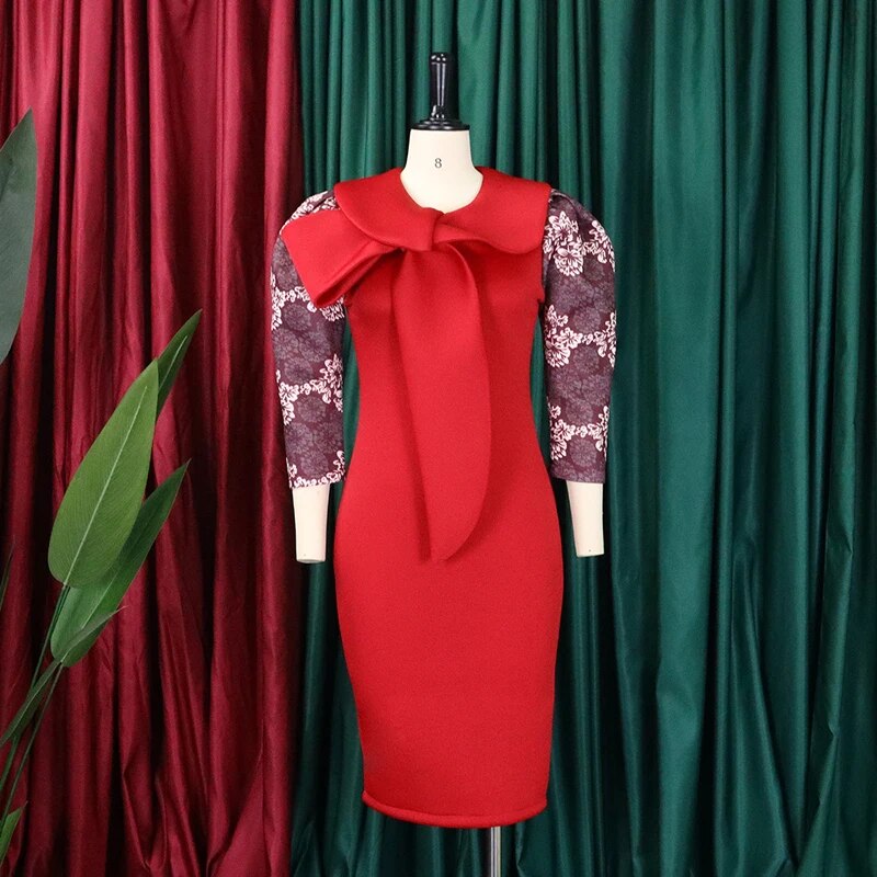 Fashion Church Dresses Women Elegant Casual Office Dress Printed Puff Sleeve Ladies Knee Length Formal Dress with Bow Tie