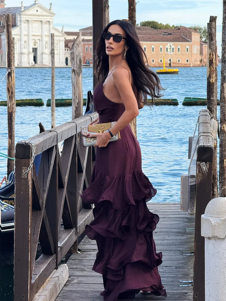 Elegant Solid Ruffled Sling Dress for Women Fashion Sleeveless Backless Party Maxi Dresses 2025 New Female Vacation Robes Street