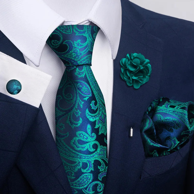 Brand Fashion Luxurious Green Floral Necktie Pocket Square Cufflinks Brooch Set Man Suit Accessories Birthday Present