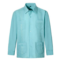 2026 New Men's Guayabera Shirts Four Pockets Embroidered Long Sleeve Shirts for Men Blue Mexican Cuban Button Dress Shirt