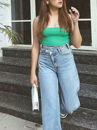 HH Women 2025 Fashion Straight Jeans Vintage Solid Casual High Waist Wide Leg Denim Pants High Street Lady Trousers Jeans