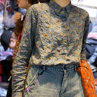 Cotton and Linen Spring New Artistic Retro Printed Shirts for Women Fashionable and Versatile Slimming Tops for Women