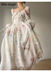 Summer Floral Print Dress Women Sexy French Style Vintage Party Midi Dresses Casual Korean Fashion Elegant Retro Dress 2024 New