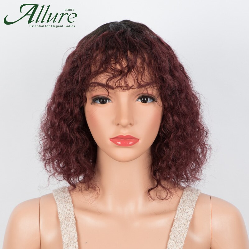 Short 99J Jerry Curly Bob Human Hair Wig With Bangs Black Women Natural Colored Glueless Kinky Curly Brazilian Hair Wig Allure