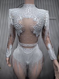 Gold Silver Sequins Tassel Elastic Bodysuit Sex)Pole Latin Dance Stage Wear Nightclub  DJSinger Dancer Performance Costume  Q025