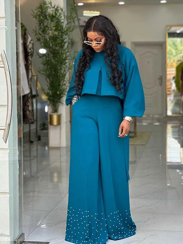 Spring Clothes for Women 2 Piece Sets Women Outfit Lantern Sleeves Suit with Wide Pants and Top High Street Ladies Elegant Sets