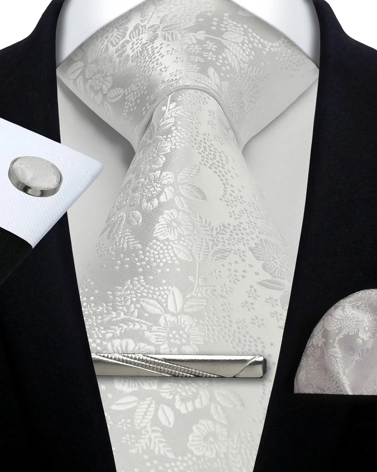 Mens Tie Set Silk Silver Paisley Floral Necktie and Pocket Square Cufflinks Tie Clip Classic Formal Ties for Men Wedding Party