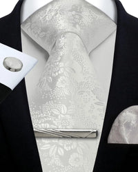 Mens Tie Set Silk Silver Paisley Floral Necktie and Pocket Square Cufflinks Tie Clip Classic Formal Ties for Men Wedding Party