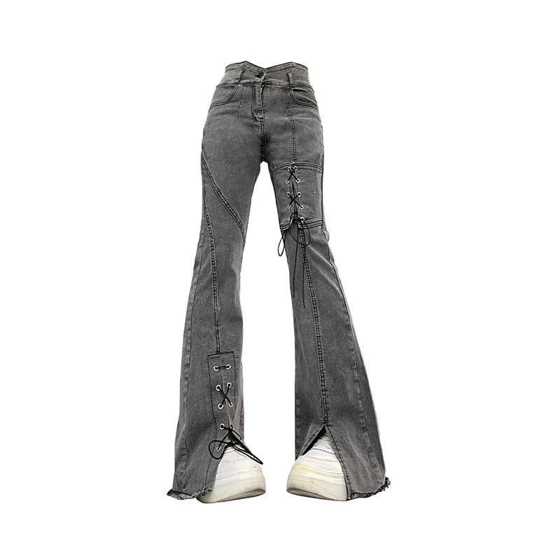 Women's Y2k Flare Jeans Baggy Trashy Aesthetic Lace-up Denim Trousers Harajuku Jean Pants Vintage Japanese 2000s Style Clothes