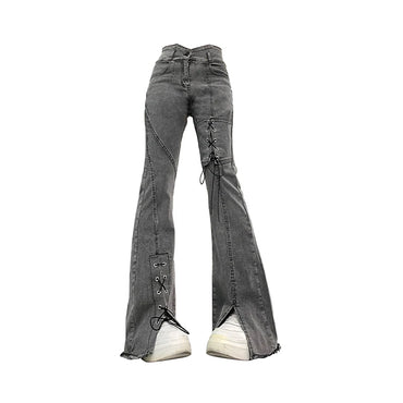 Women's Y2k Flare Jeans Baggy Trashy Aesthetic Lace-up Denim Trousers Harajuku Jean Pants Vintage Japanese 2000s Style Clothes