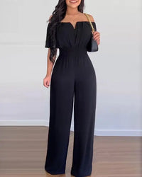 Jumpsuits for Women 2025 Spring Fashion Off Shoulder Casual Plain Short Sleeve Shirred Waist Daily Long Wide Leg Jumpsuit 2025