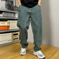 Embossed Trendy Workwear Jeans Men's Loose Straight Leg Retro Washed Trendy Casual Pants