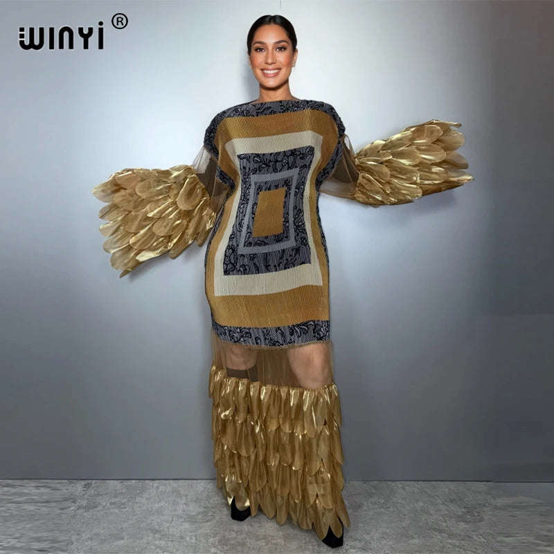 WINYI Pleated Elastic loose dress beach cover up kaftan abaya dubai luxury party dress fashion evening dress abaya muslim woman
