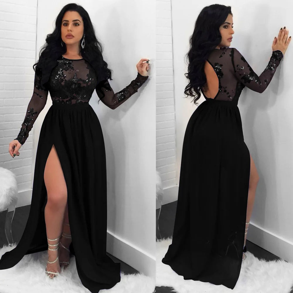 Black Lace Sequins Mesh Patchwork Women Sexy Maxi Evening Party Dress