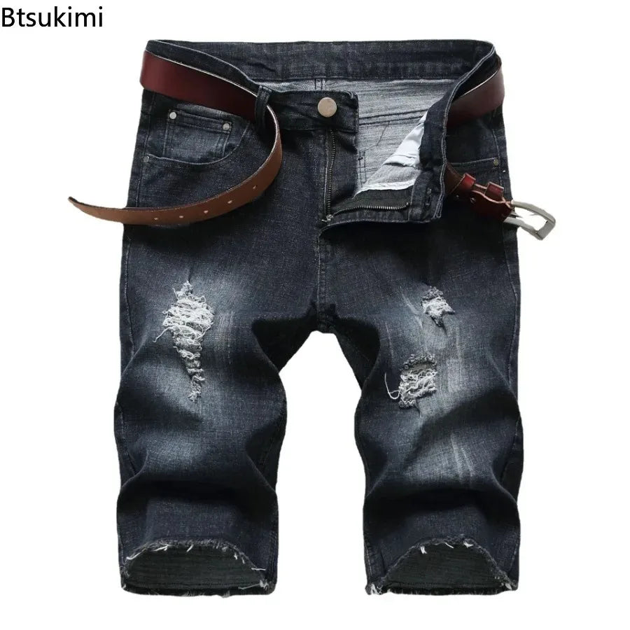 2026 New Denim Shorts for Men Fashion Casual Stretch Straight Short Jeans Men Summer Trend Holes Slim Fit Cowboy Short Trousers
