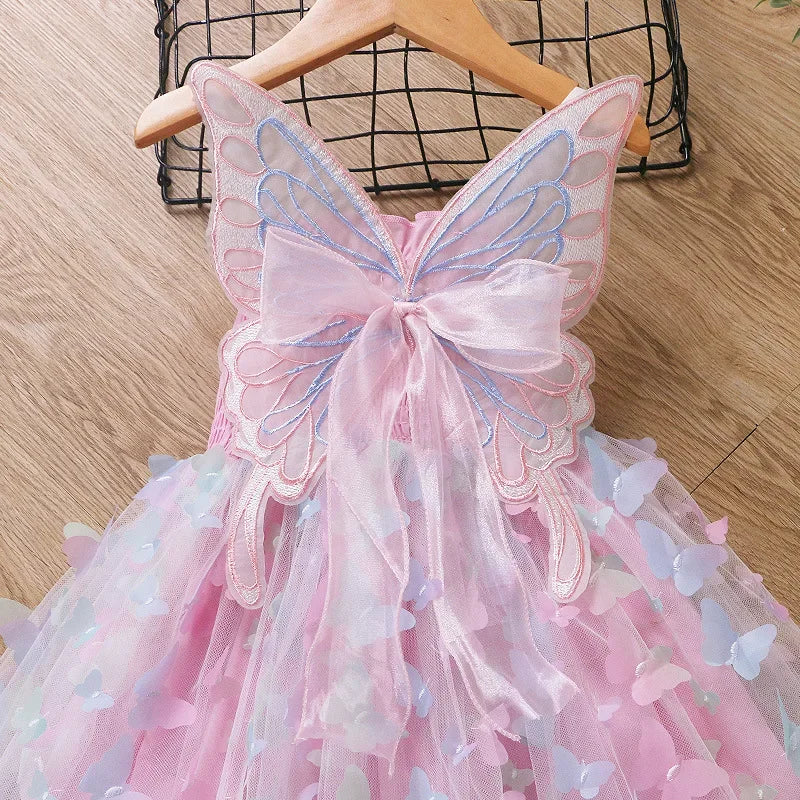 Baby Girls Butterfly Wings Fairy Gauze Princess Dress Lovely Kids Summer Sleeveless Tulle Dress Child Birthday Party Gown Dress