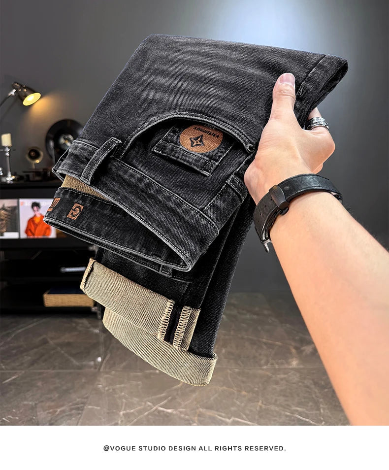 Men's Jeans Casual Long Straight Stretch Denim Pants Autumn Winter Classic Belted Jeans Korean Fashion Blue Black Jean Trousers