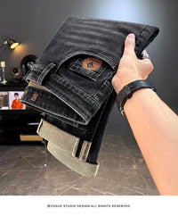 Men's Jeans Casual Long Straight Stretch Denim Pants Autumn Winter Classic Belted Jeans Korean Fashion Blue Black Jean Trousers
