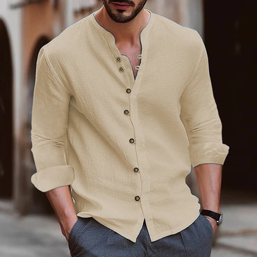 Retro Style Summer Men's Casual Cotton Linen Shirt Mock Neck Solid V-Neck Long Sleeve Loose Top Handsome Shirt US Size S-3XL