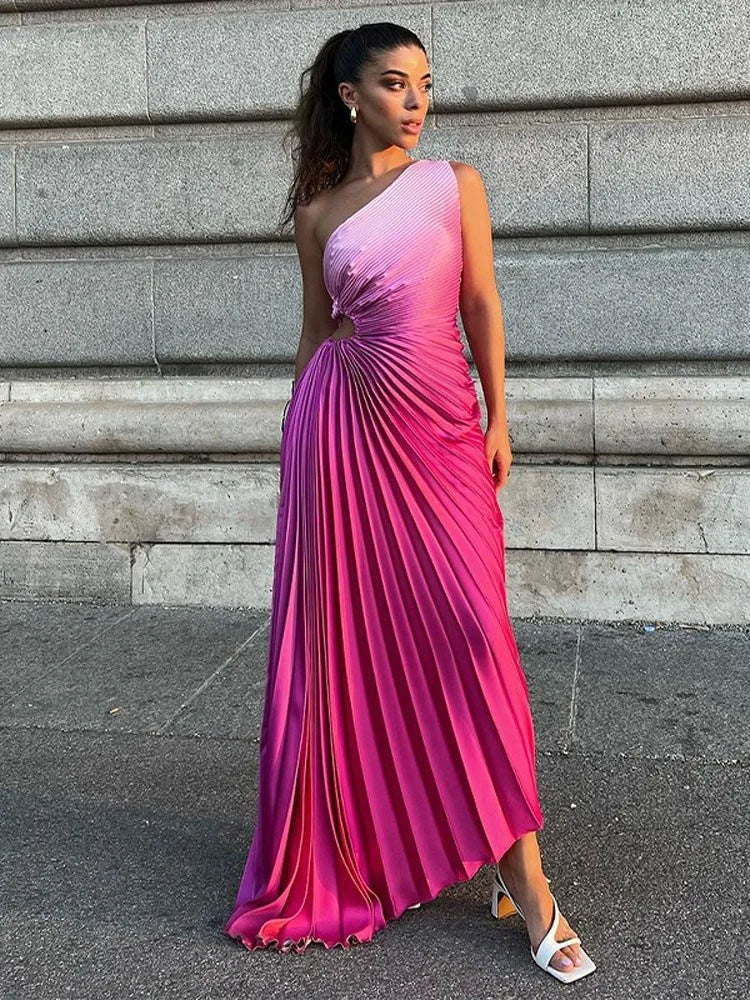 One Shoulder Tie Dye Pleated Maxi Dress Women Hollow Out Backless Slee –  Mega Mart Center