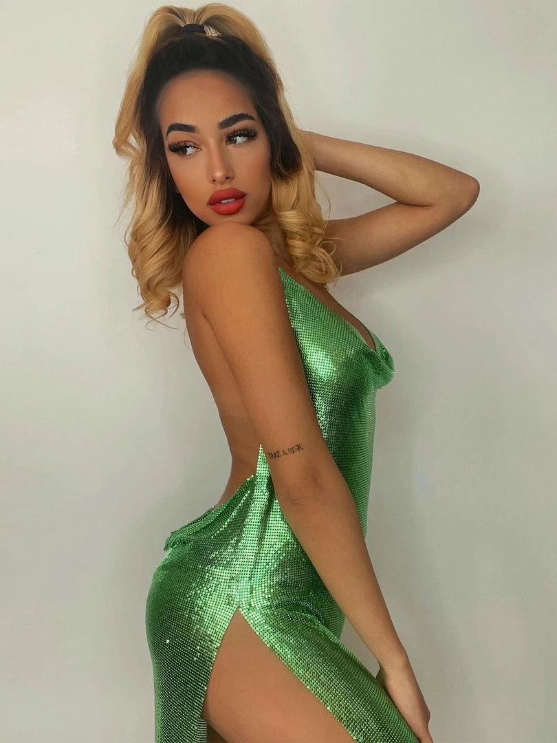 Dulzura Bling Glitter Women Halter Mini Dress Side Slit Backless Bodycon Sexy Streetwear Party Club Festival 2022 Summer Clothes