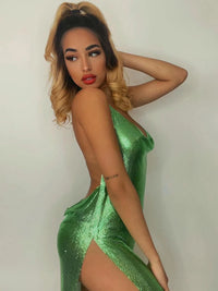 Dulzura Bling Glitter Women Halter Mini Dress Side Slit Backless Bodycon Sexy Streetwear Party Club Festival 2022 Summer Clothes