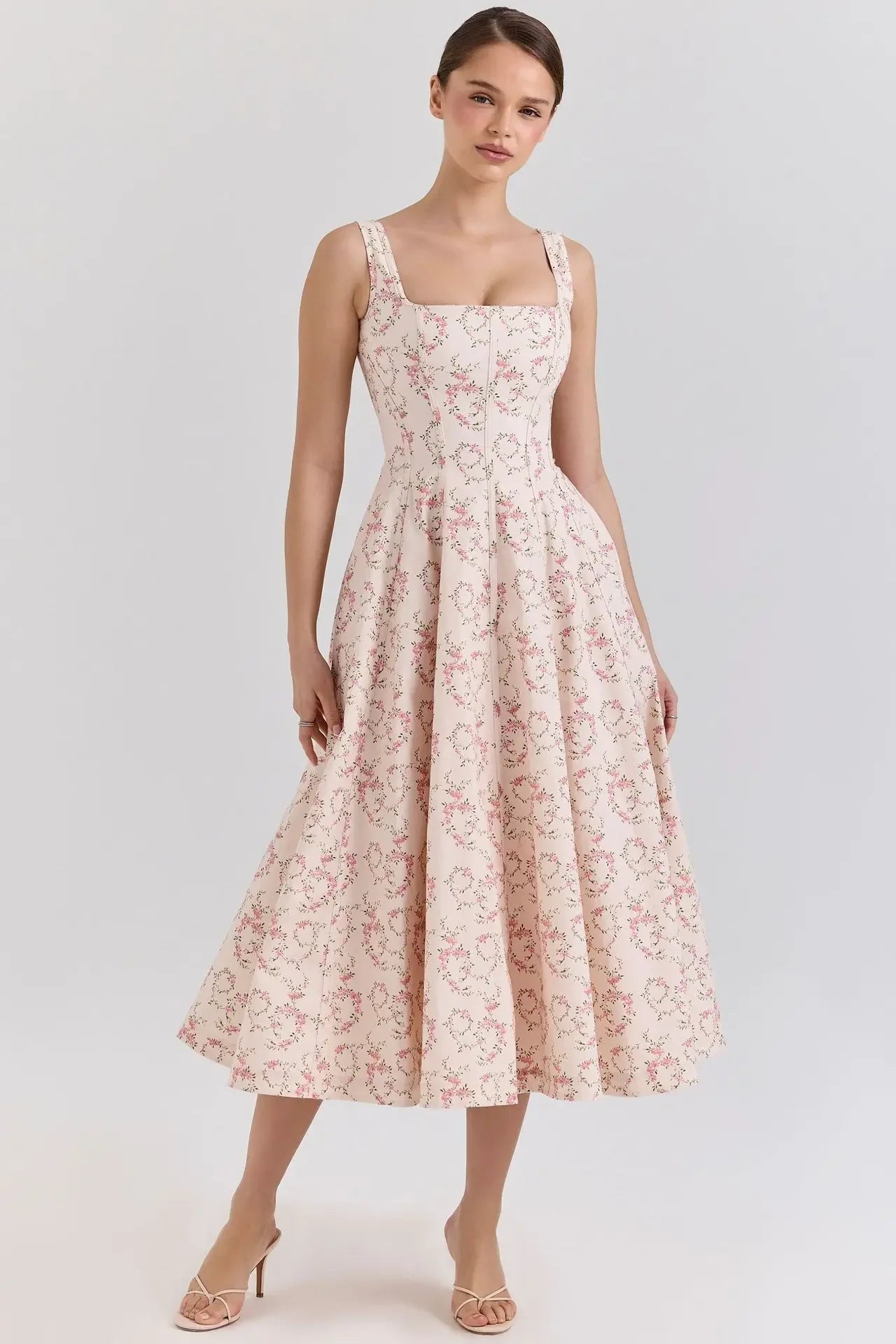 Summer Elegant Lace Up Dress 2025 New Arrivals Floral Print Midi Dress Women Sexy Corset Dress for Holiday Birthday