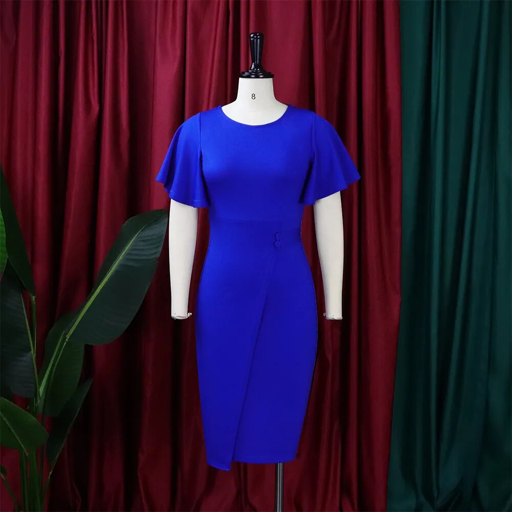 Office Lady Dress New African Style Blue Burgundy Sheath Summer Midi Length Ruffles High Waist Elegant Work Business Dresses Hot