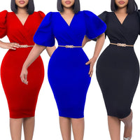 African Clothing Ladies Wear Elegant Fashion Puff Sleeve Church Dresses Women Sexy V Neck Straight Midi Dress with Belt