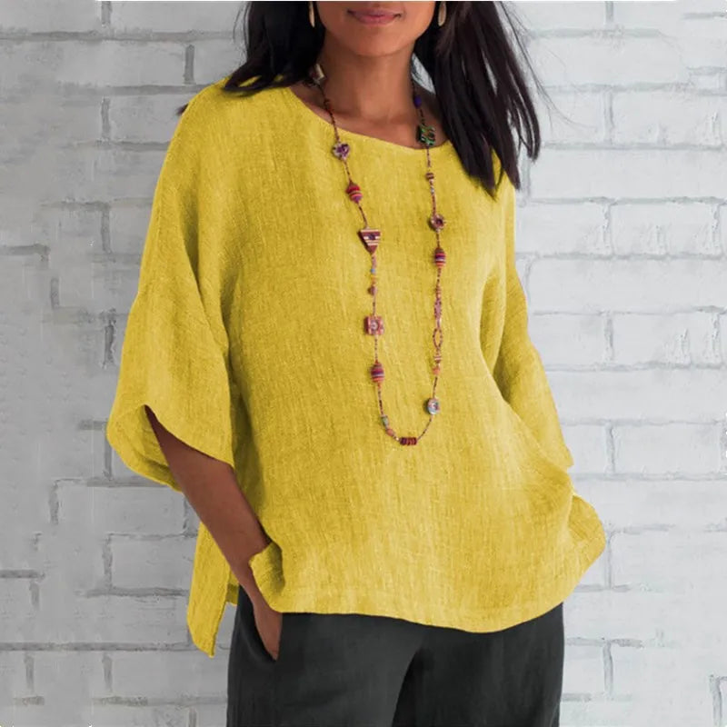 Cotton Blouse Shirts Summer O-Neck Three Quarter Loose Casual Blouse Tops Summer Cothes For Women Streetwear