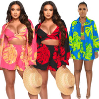 Beach Clothes Women 2023 Swim Cover Up Summer Dress Suit New Sexy Print Sides Three Piece Solid Polyester Pareo Saida De Praia