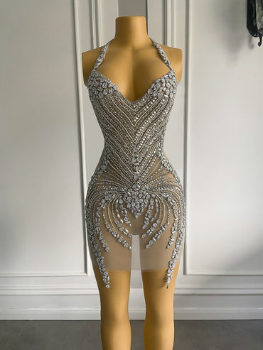 See Through Short Prom Dresses Luxury Beaded Crystals Silver African Women Cocktail Gown For Party