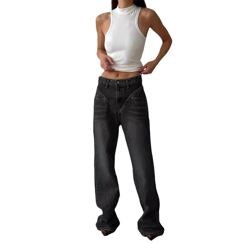 Fashion Spliced High Waist Women Jean Pants Summer High Street Straight Slim Denim Trousers Vintage Loose Female Wide Leg Jeans