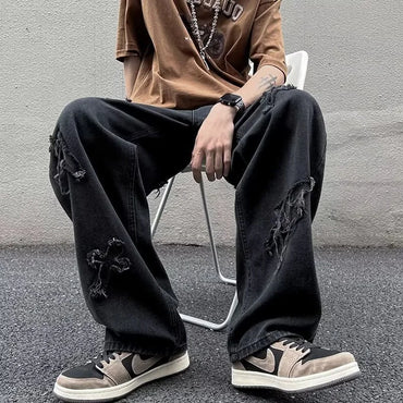 Men Straight Leg Denim Jeans Male New Fashion Casual Loose High Street Y2k Pants New Wide Leg Hip Hop Black Blue Pants