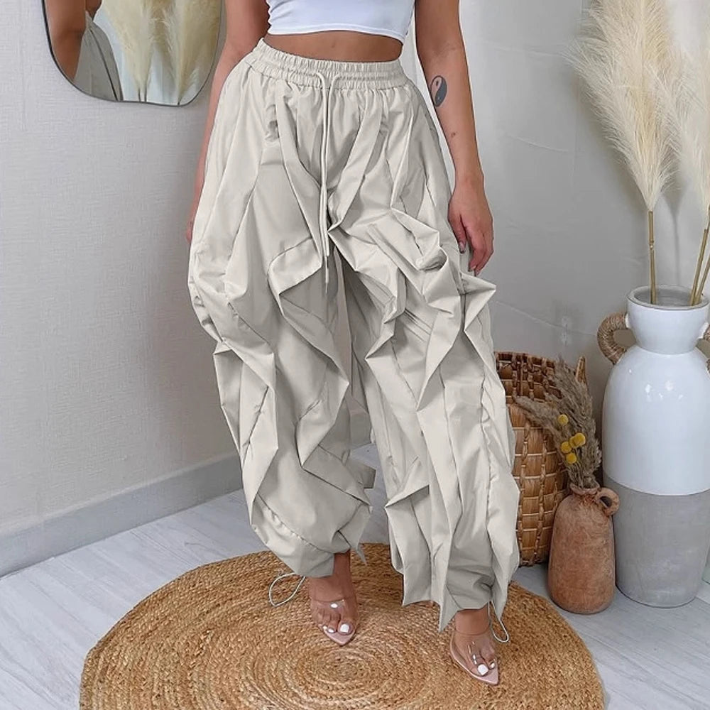 Summer Fashion 2025 Women Ruffle Print Cargo Pants Casual New Female Streetwear Joggers Elastic High Waist Loose Latern Trousers