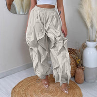 Summer Fashion 2025 Women Ruffle Print Cargo Pants Casual New Female Streetwear Joggers Elastic High Waist Loose Latern Trousers