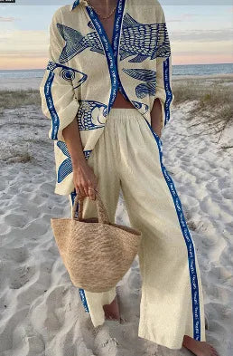 Boho Beach Holiday Print Shirt And Pants Two Pieces Sets Women Csaual Loose Long Sleeve Button Shirts Outfits Summer Pants Sets