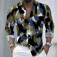 New men's artistic printed long-sleeved shirt, retro color-blocked design, casual shirt, versatile and stylish top for commuting